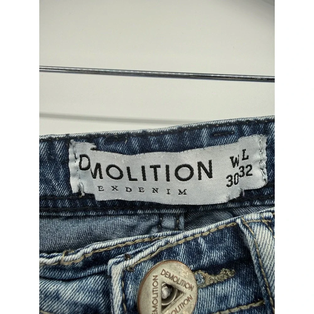 Demolition Ex Denim Mens 30x32 Biker Moto Jeans Acid Wash Blue Distressed Slim